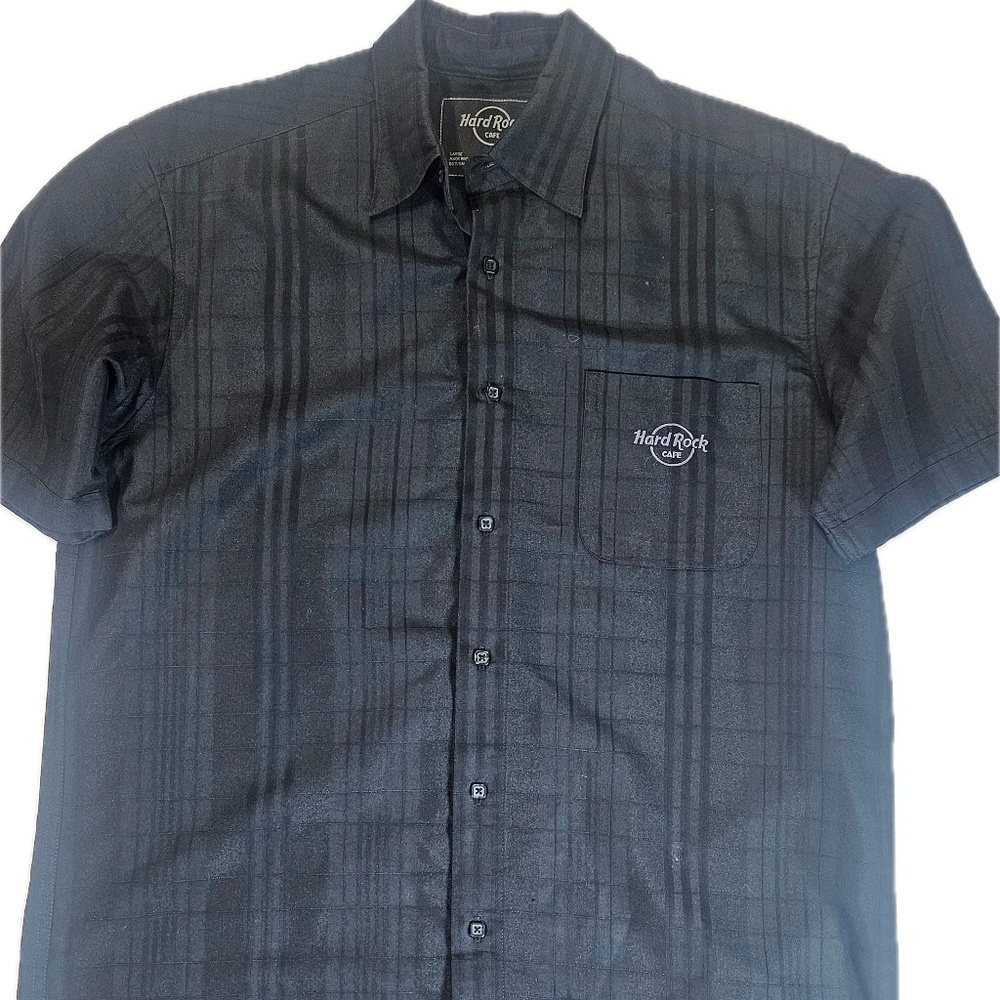 Hard Rock Cafe Shirt Mens Large Black Plaid Button‎ Up Short Sleeve Pocket Logo